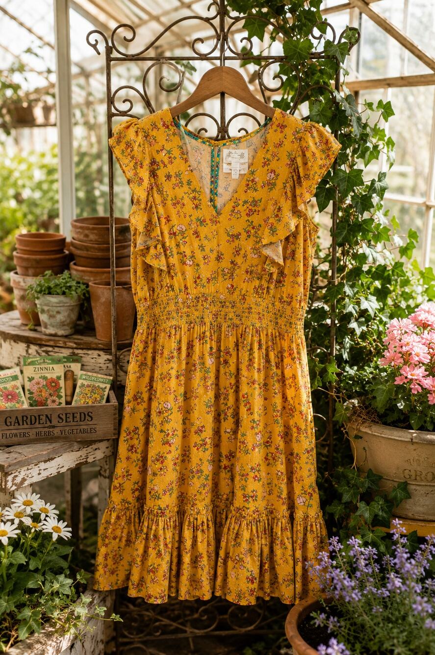 Matilda Jane Mustard Floral Ruffle Sleeve Dress Women's Medium
